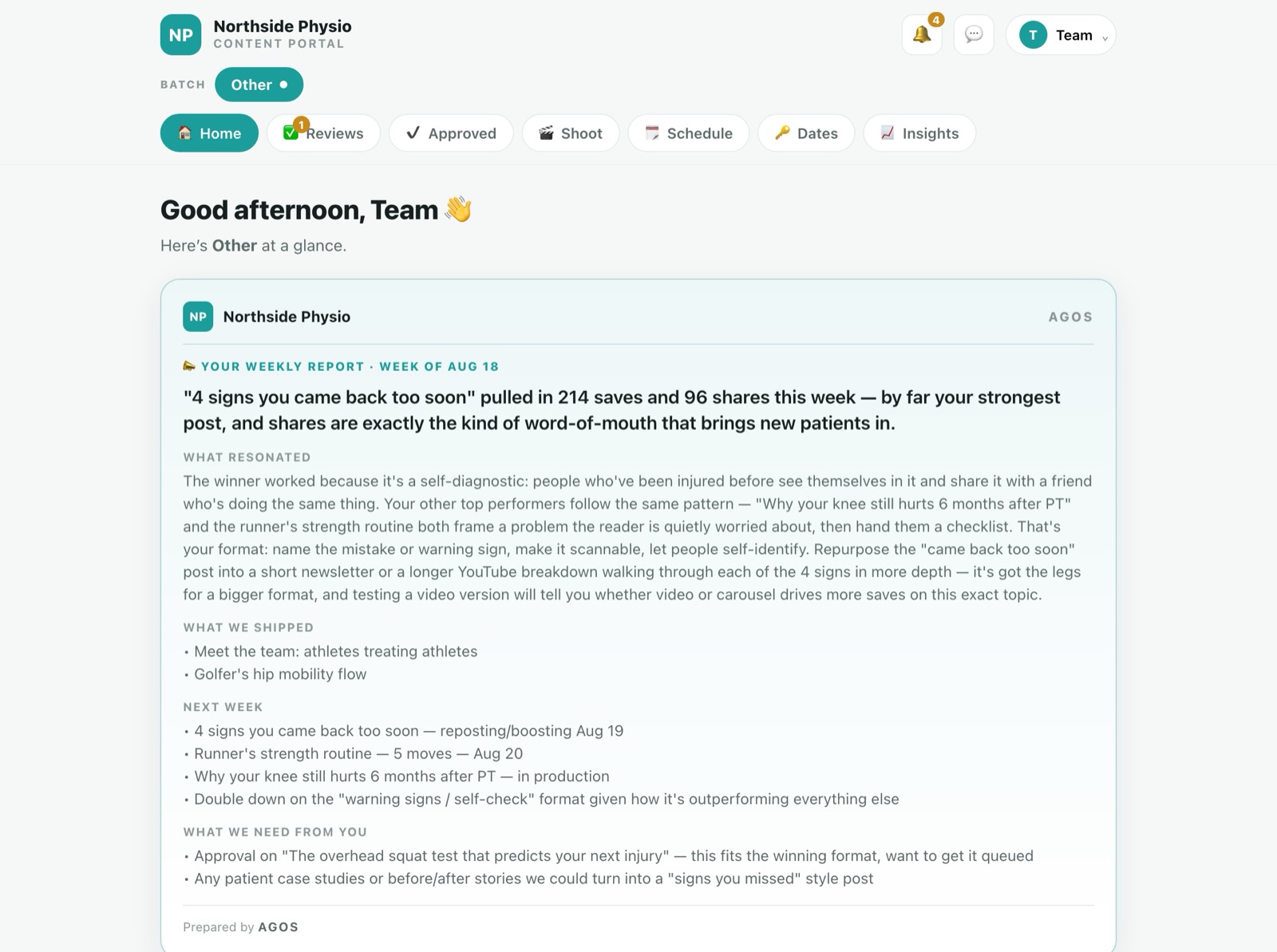 A client portal home screen showing a weekly report card: a headline about the top post, a what-resonated explanation, and lists of what shipped, what is coming next week, and what the agency needs from the client.